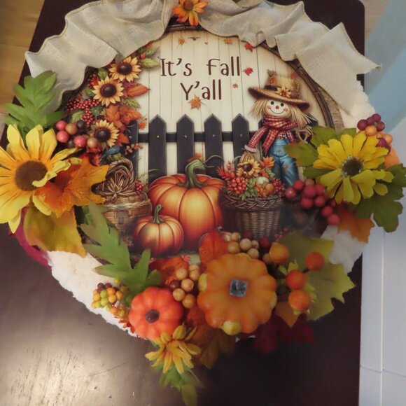 Wreath Sign It's Fall Y'all Yarn wrapped, Big Bow Autumn Decor 14” - Picture 3 of 7